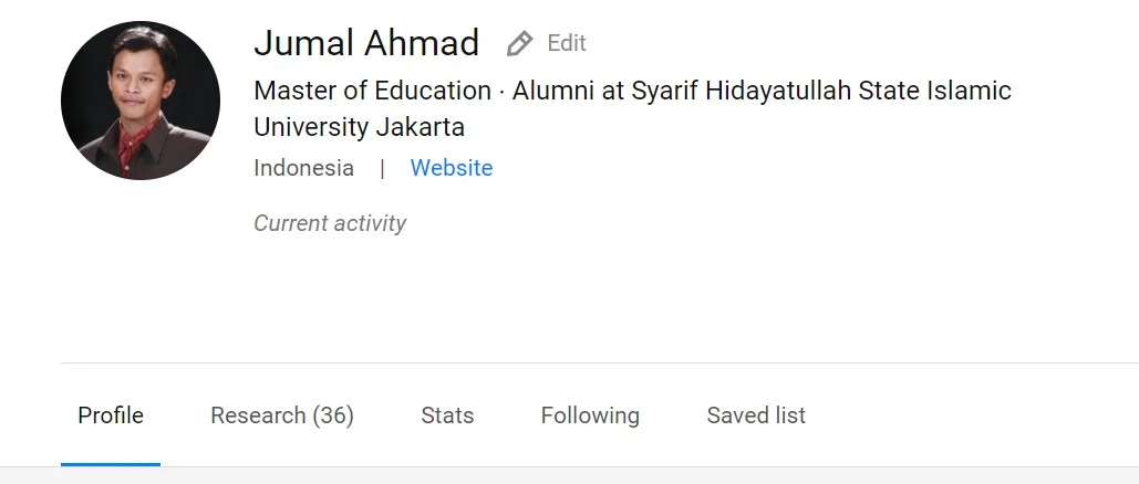 tampilan akun researchgate jumal ahmad yang berisi profile, research, stats