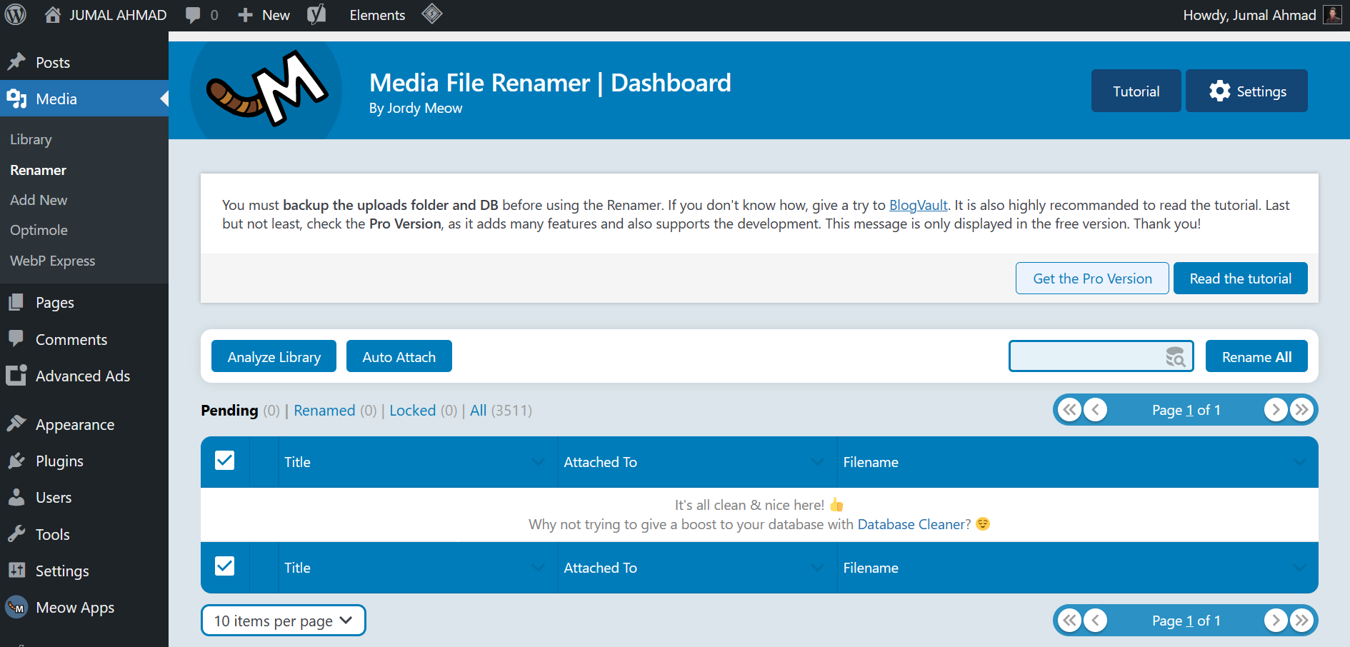 Dashboard Media File Renamer by Jordy Meow