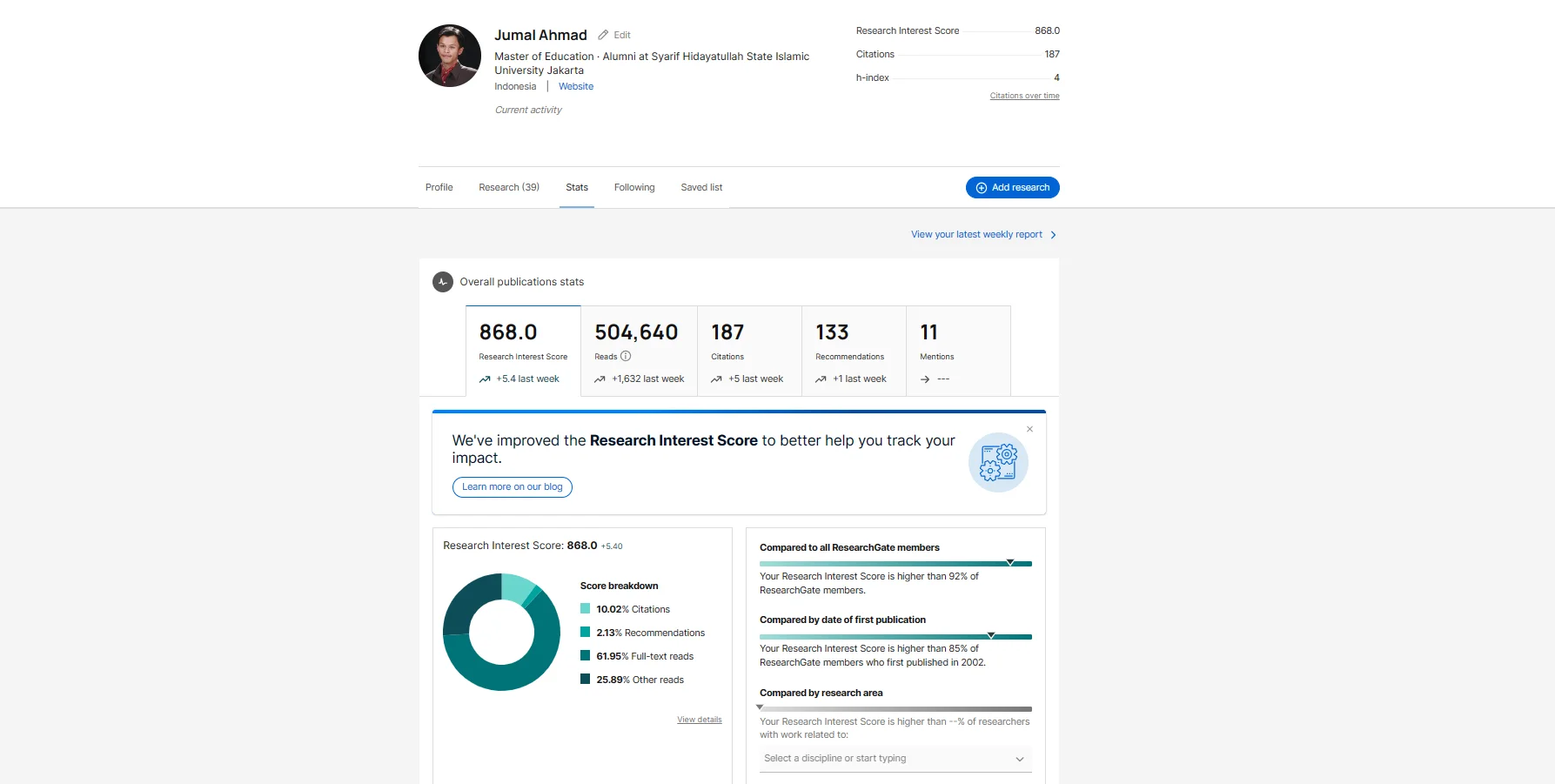Tampilan baru profile dan stast Researchgate